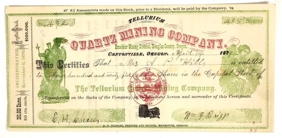 Tellurium Quartz Mining Company Stock Certificate, 1879 [201552]