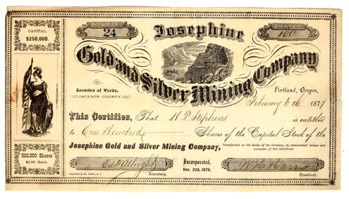 Josephine Gold & Silver Mining Company Stock Certificate, 1877 [201733]
