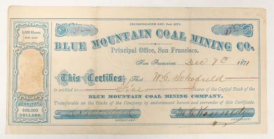 Blue Mountain Coal Mining Company Stock Certificate #2, 1871 [197931]