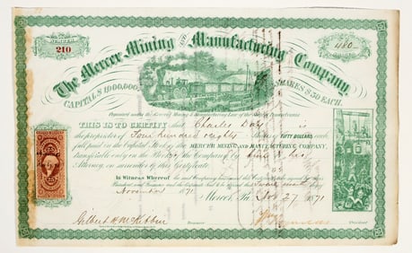 Mercer Mining & Manufacturing Co. Stock Signed by Two Union Generals (McClellan & McKibben) [204201]
