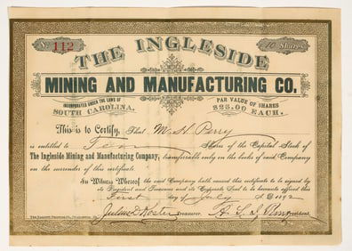 Ingleside Mining & Manufacturing Co. Stock Certificate, 1892 [204149]