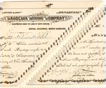 Carolina Mining Company Stock Certificate, 1886 [195868]