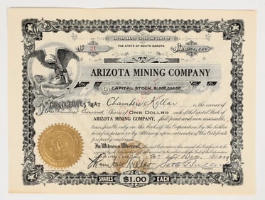 Arizota Mining Company Stock Signed by Seth Bullock, Issued for 100,000 Shares [201893]
