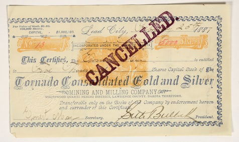 Tornado Consolidated Gold & Silver Mining & Milling Stock #13 Signed by Seth Bullock [200327]