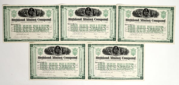 Highland Mining Co. Stocks Signed by Lloyd Tevis (5) [198220]