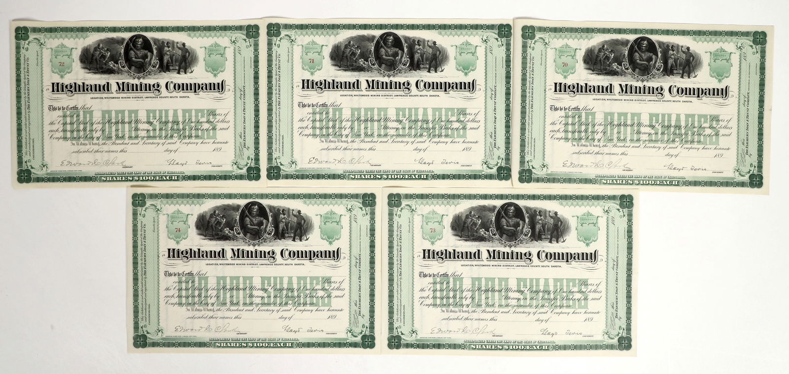 Highland Mining Co. Stocks Signed by Lloyd Tevis (5) [198220]: Lot of five unissued stocks that are signed by Lloyd Tevis as president and Edward Clark as secretary. Not cancelled. Green border and black print, three-part underground mining vignette. ABN. Crisp.