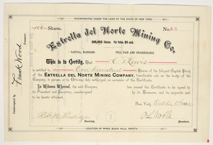 Estrella del Norte Mining Company Stock Certificate, Black Hills, 1883 [203925]