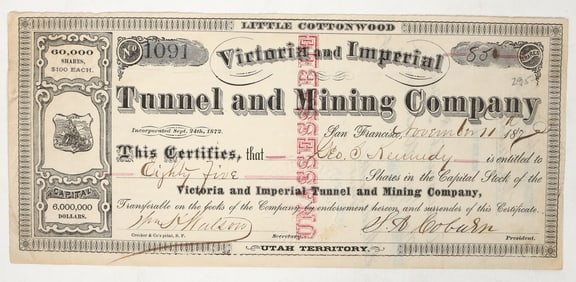 Victoria And Imperial Tunnel and Mining Co. Stock, Utah Territory  [204948]