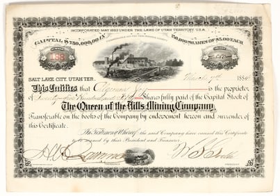 Queen of the Hills Mining Company Stock Certificate, 1884, WS Godbe [195870]