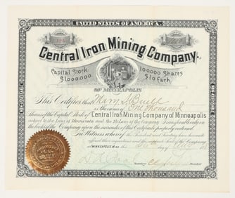 Central Iron Mining Company of Minnesota Stock Certificate, 1887 [204909]