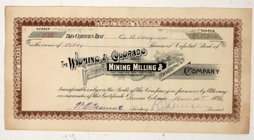 Wyoming & Colorado Mining, Milling & Investment Co. Stock Certificate, 1892 [204838]
