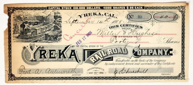 Yreka Railroad Company Stock Certificate, 1888 [195863]