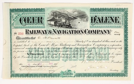 Coeur d'Alene Railway & Navigation Company Stock Certificate, 1889 [201727]