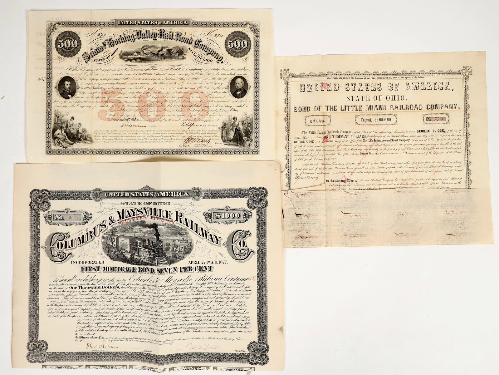 Ohio Rail Bonds [201932]: Lot of 3. 1. I/U, #274 Scioto and Hocking Valley Rail Road Co. $500, 7% bearer bond, issued 1856, due 1881.Sxx vignettes. "500" in red underprint. Coupons attached, some missing. Bald, Cousland & Co. 