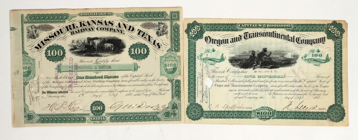 Two Railroad Stocks with Rare Autographs: General Dodge and Henry Villard [201107]