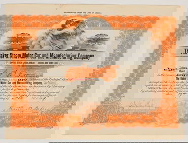 Baker Steam Motor Car & Manufacturing Company Stock Certificate, 1919 [195916]