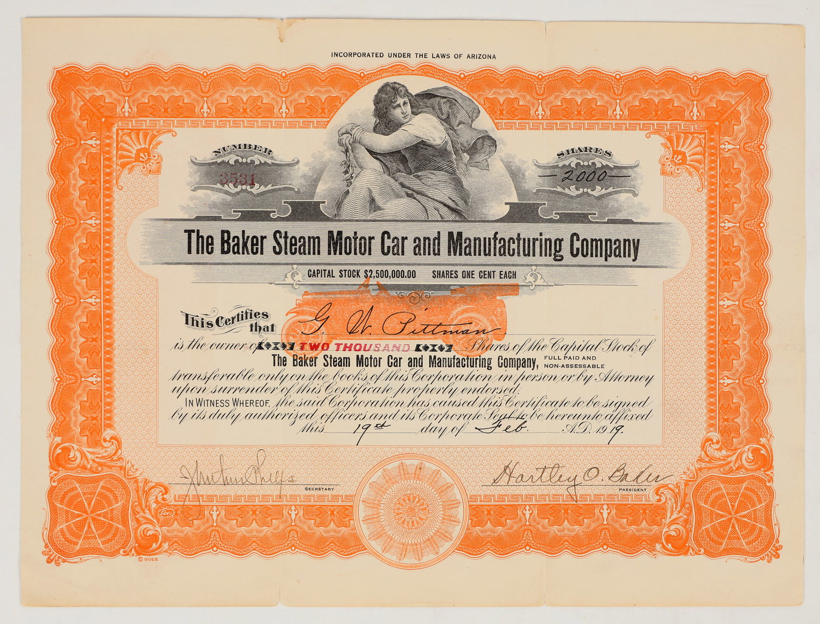 Baker Steam Motor Car & Manufacturing Company Stock Certificate, 1919 [195916]: Inc. in Arizona. No. 3531, issued for 2000 shares to Pittman in 1919. The Baker Steam Motor Car & Manufacturing Company operated from 1917 to 1924. It produced steam cars designed by Dr Hartley O Bake