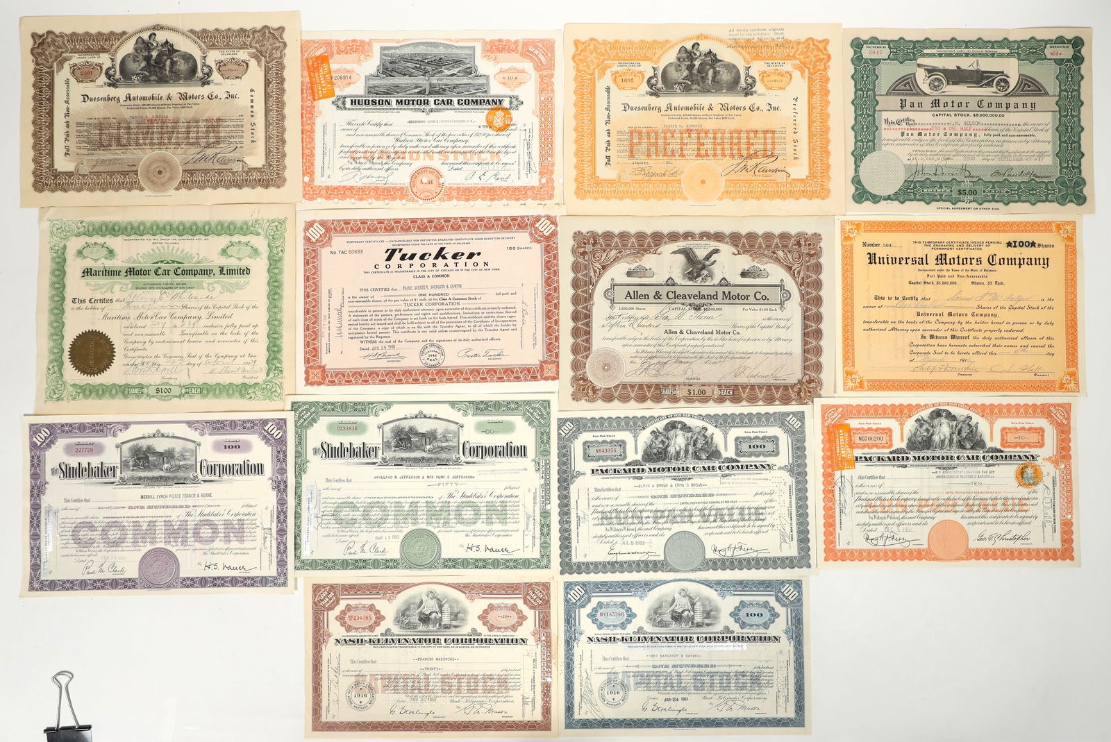 Major Automobile Stock Collection [204933]: Lot of 15. U/U, I/U, I/C. Issued 1916-53. Printers include : Browne Greene Co., Hamilton BNC, Security BNC, American BNC. I.E; companies: Packard Motor Car Co., Duesenberg Automobile & Motors Co., Inc