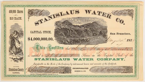 Stanislaus Water Company Stock Certificate, 1873 [205381]