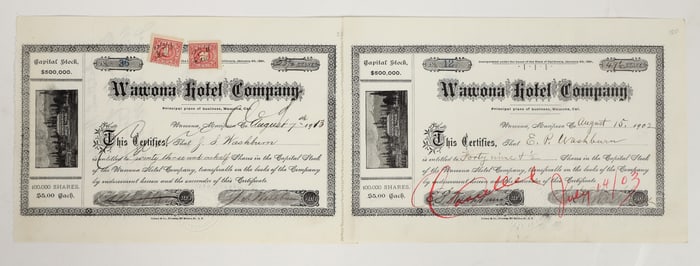 Wawona Hotel Company Stock Pair Issued to Washburn Family, Yosemite [197936]