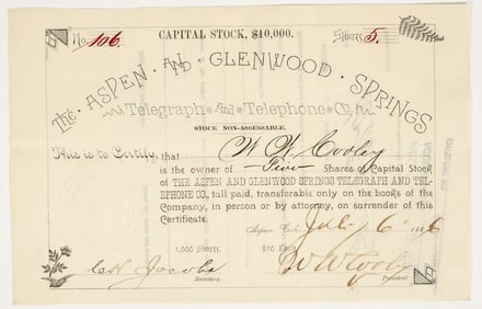 Aspen & Glenwood Springs Telegraph & Telephone Co. Stock Certificate, 1886 [202741]