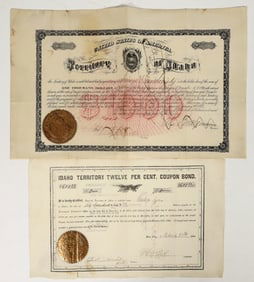 Two Rare Idaho Territory Bonds, 1866 and 1877, Governor Autograph [195898]