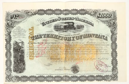 1876 Territory of Montana Bond Signed by Governor Potts [195496]