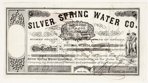 Silver Spring Water Company Stock Certificate, Virginia City, Nevada, 1865 [202747]