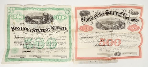 Two Different Nevada Bonds Signed by Two Different Governors, 1865 & 1871 [204831]