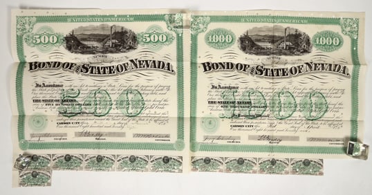 Two Different 1870s State of Nevada Bonds Signed by Governor Bradley [203580]