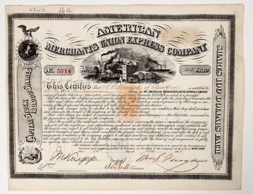 American Merchants Union Express Stock Signed by Fargo, Imprinted Revenue [202835]