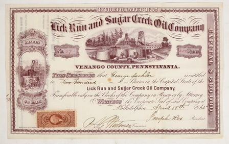 Lick Run & Sugar Creek Oil Company Stock Certificate, 1865 [201102]