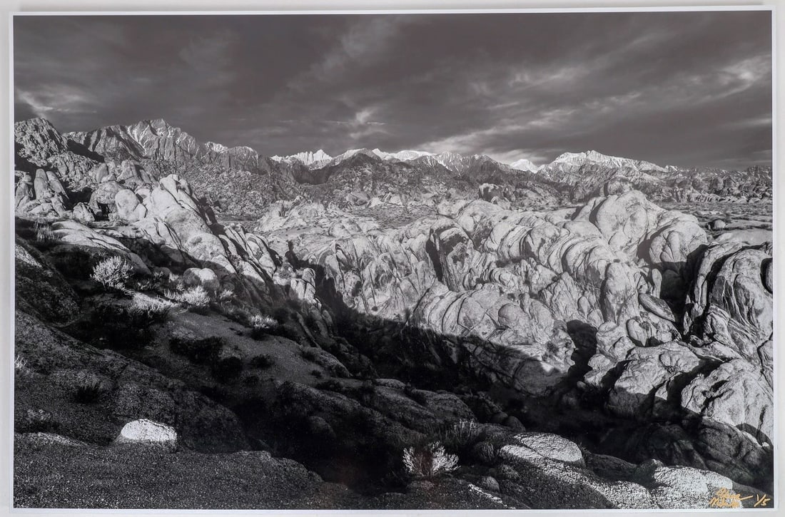 Mt. Whitney Sunrise from Alabama Hills Photograph in the Style of Ansel Adams Version II [156859]: Mt. Whitney Monochrome Print from the Alabama Hills photographed right after sunrise. Limited Edition 1of 5, signed by photographer Uwe Nikoley. 36 inches by 24 inches. Printed on Moab Slickrock Metal