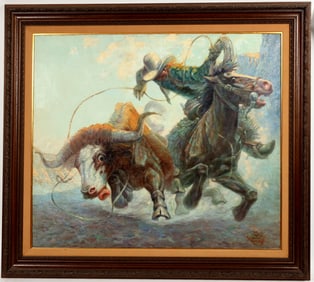 Wild Eyed -Cowboy Lassoing Charging Longhorn, Dan Muller, 1935, Oil Painting [204000]