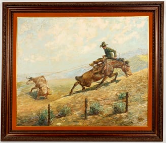 Ridin Line: Cowboy Lassoing a Steer, Dan Muller, 1935, Oil Painting [203889]
