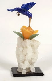 Blue Lapis Hummingbird, Travertine Rose, Crystal Display Piece [204486]