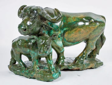 Gemstone Quality Verdite Water Buffalo with Calf, Signed  [204414]