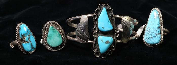 Navajo Turquoise Silver Cuff Bracelet & Rings (4) [124911]