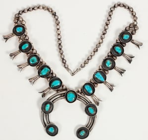 American Indian Antique Silver / Turquoise Squash Blossom Necklace [204808]
