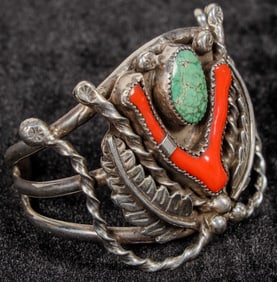 Classic Navajo Bracelet, Sterling Silver w/ Green Turq. & Red Corral  [202142]