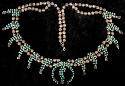Zuni Dbl Row Turq. Squash Blossom Necklace [202147]