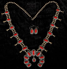 Navajo Thomas Francisco Made Coral Squash Blossom Set [202783]