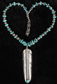 Navajo Turquoise And Sterling Silver Feather Necklace [202787]
