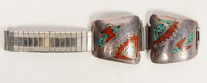 Sterling Watchband w/Coral & Turquoise Inlaid [205445]