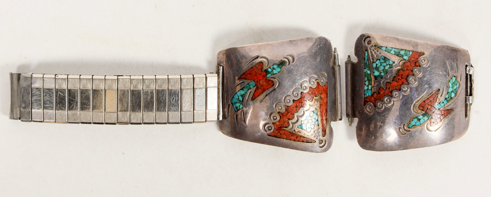 Sterling Watchband w/Coral & Turquoise Inlaid [205445]: Sterling Watchband w/Coral & Turquoise Inlaid. Silver marked "BD". ^Date: Country (if not USA): State: City: Provenance: