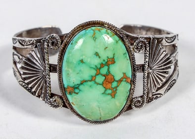 Vintage Silver & Green Turquoise Bracelet: Stunning [202140]