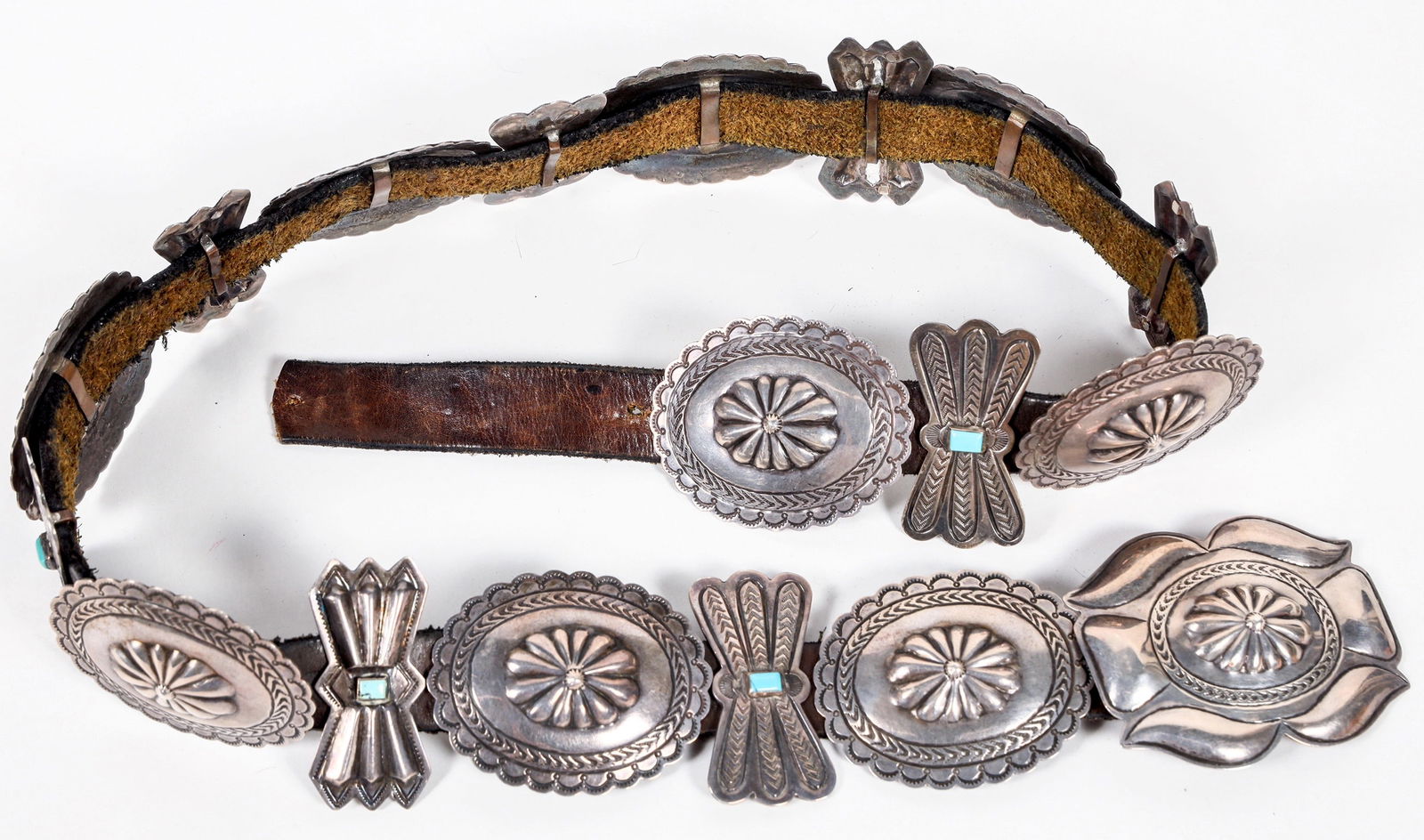 Concho Belt, Native American Made NM [202615]: Concho belt from New Mexico trading post c1940. Belt is Native American made. Belt length measures 36" end to end including the buckle, wearable at a length of 32". Good condition, feels high quality