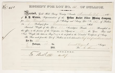Yellow Jacket Silver Mining Assay Receipt for Conrad Wiegand, 1865 [195896]