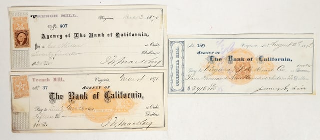 Virginia City, Nevada Mining Checks Signed by Mackay & Fair (3) [201093]