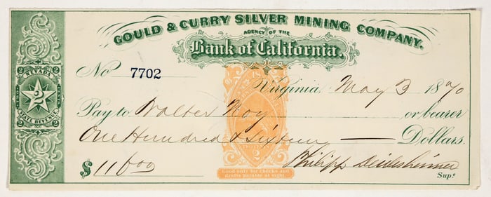 Gould & Curry Silver Mining Co. Check Signed by Phillip Deidesheimer [203565]